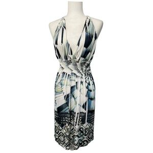 Voll Style Gorgeous V Neck White & Blue Sleeveless Dress - Size Medium